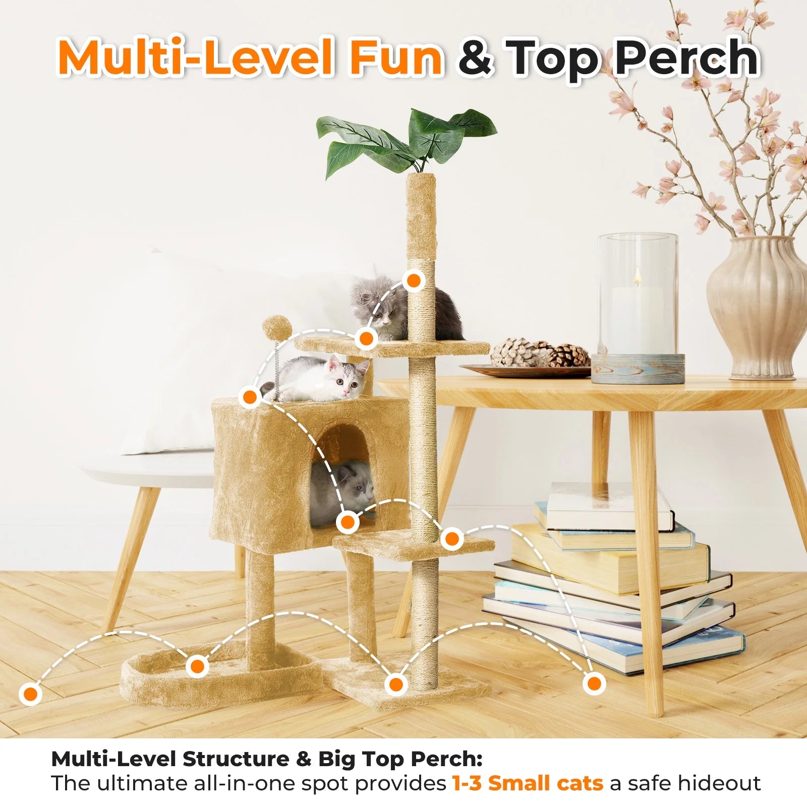 Cat Tree,52In Cat Tower for Indoor Cats, Cat Tree with Scratching Posts Plush Perch Stand, Cat Condo with Funny Toys Kittens Pet Play House,Beige