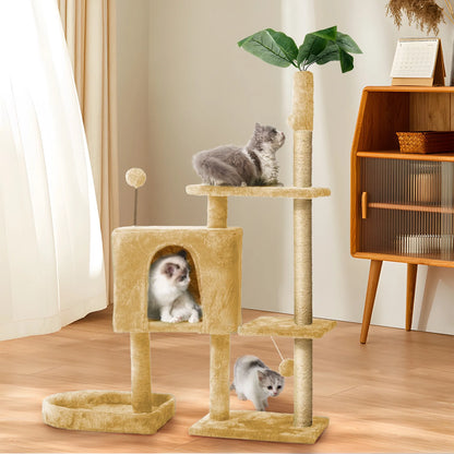 Cat Tree,52In Cat Tower for Indoor Cats, Cat Tree with Scratching Posts Plush Perch Stand, Cat Condo with Funny Toys Kittens Pet Play House,Beige