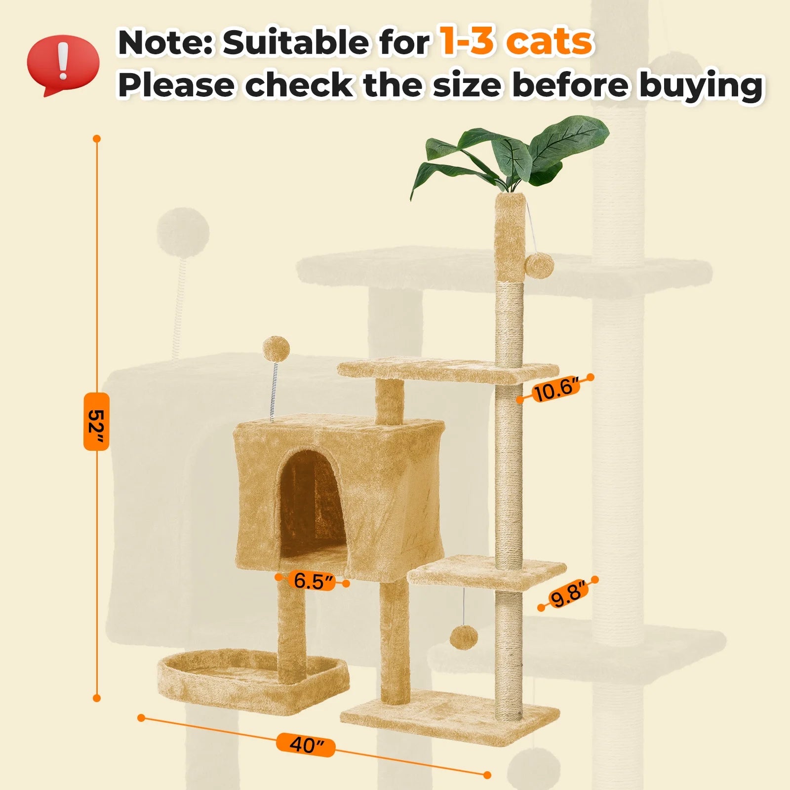 Cat Tree,52In Cat Tower for Indoor Cats, Cat Tree with Scratching Posts Plush Perch Stand, Cat Condo with Funny Toys Kittens Pet Play House,Beige