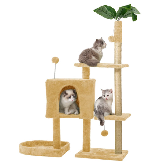 Cat Tree,52In Cat Tower for Indoor Cats, Cat Tree with Scratching Posts Plush Perch Stand, Cat Condo with Funny Toys Kittens Pet Play House,Beige