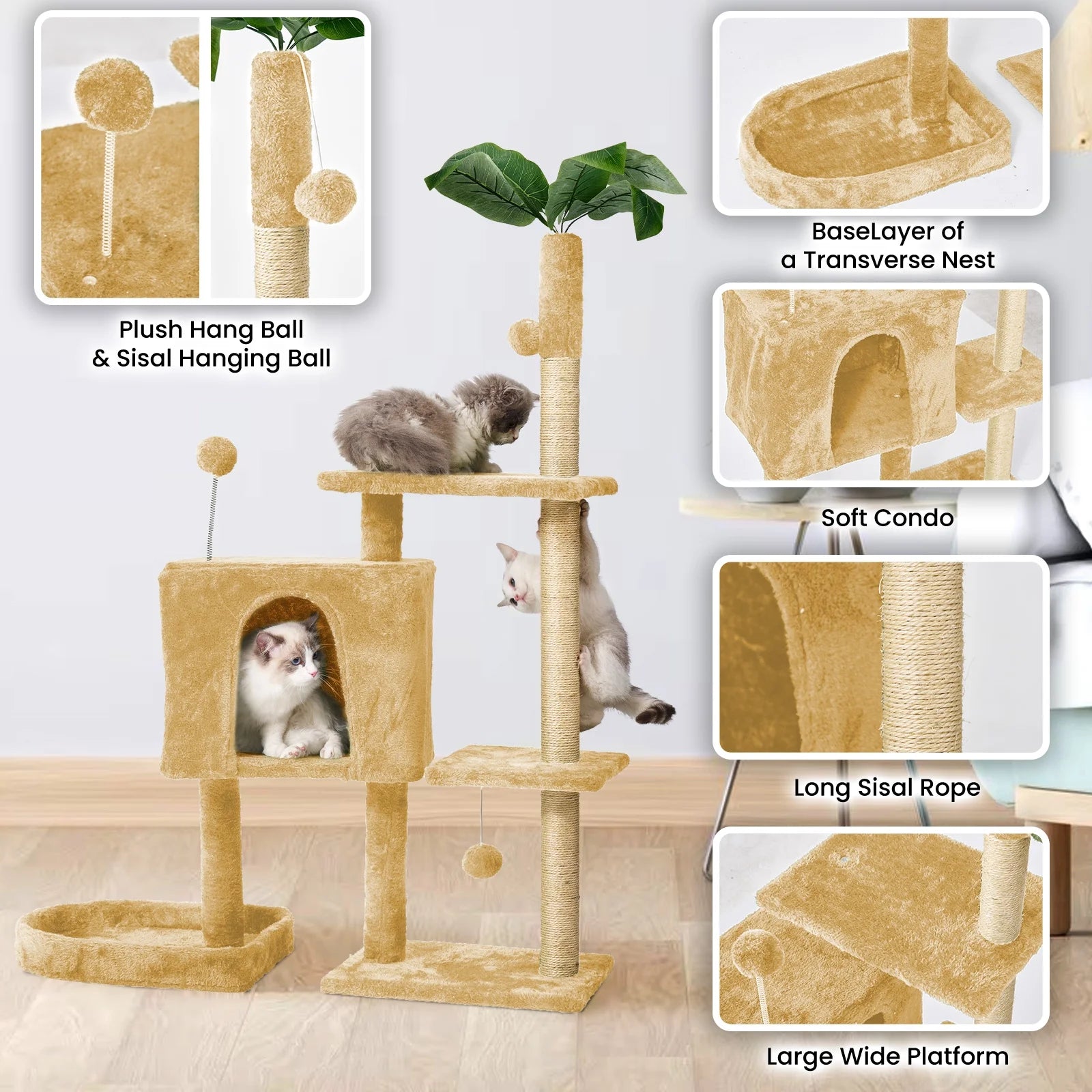 Cat Tree,52In Cat Tower for Indoor Cats, Cat Tree with Scratching Posts Plush Perch Stand, Cat Condo with Funny Toys Kittens Pet Play House,Beige